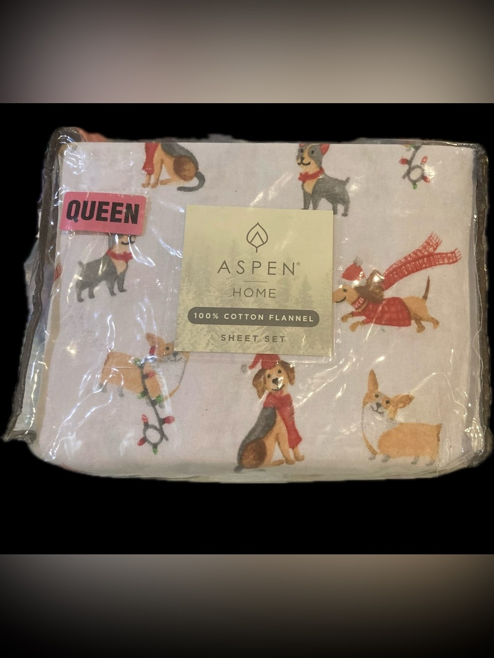 Queen Holiday Dog Flannel Sheet Set - White with Multicolor Dog Print